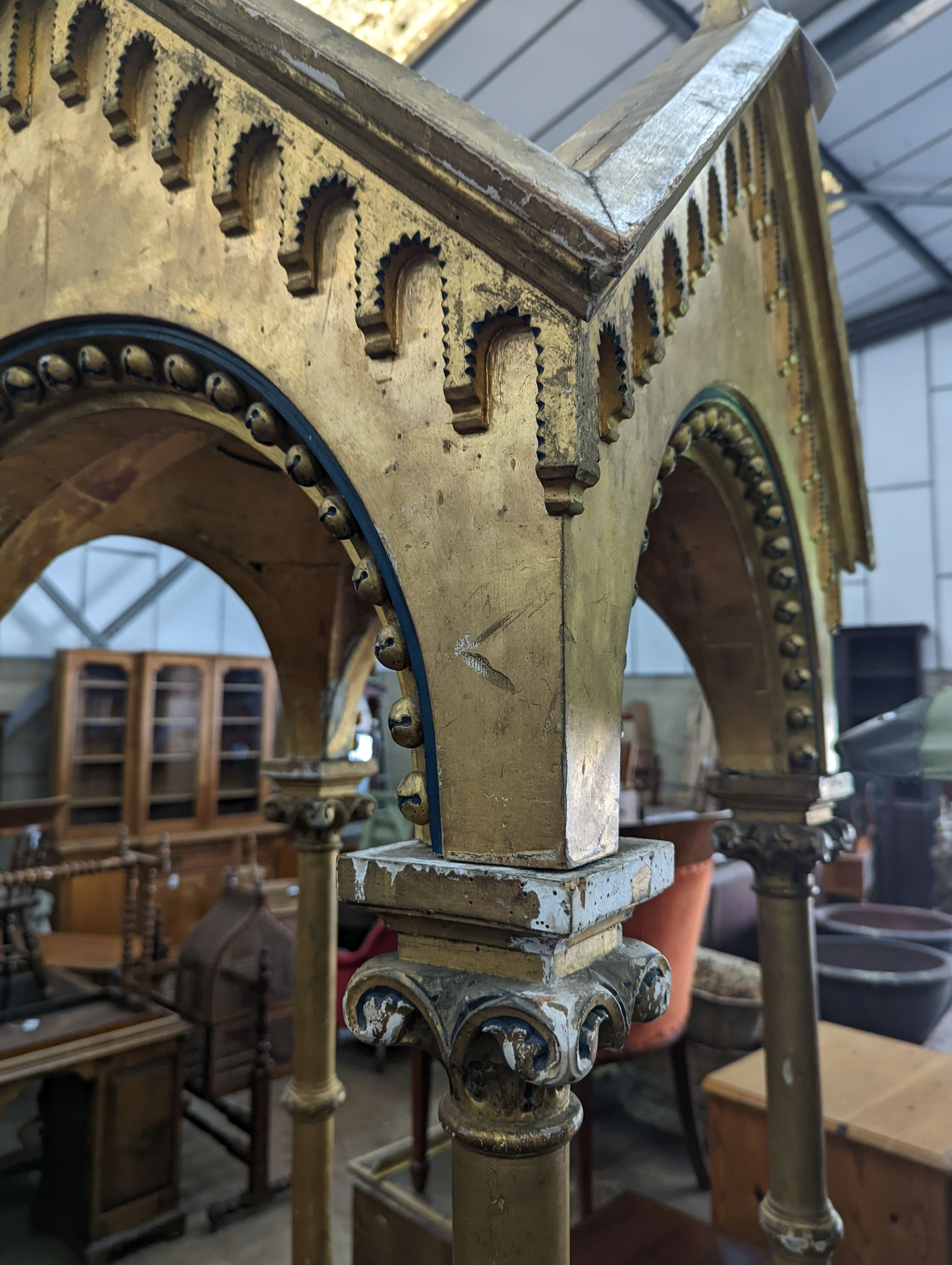 A Victorian carved giltwood and gesso shrine, width 68cm, depth 69cm, height 150cm